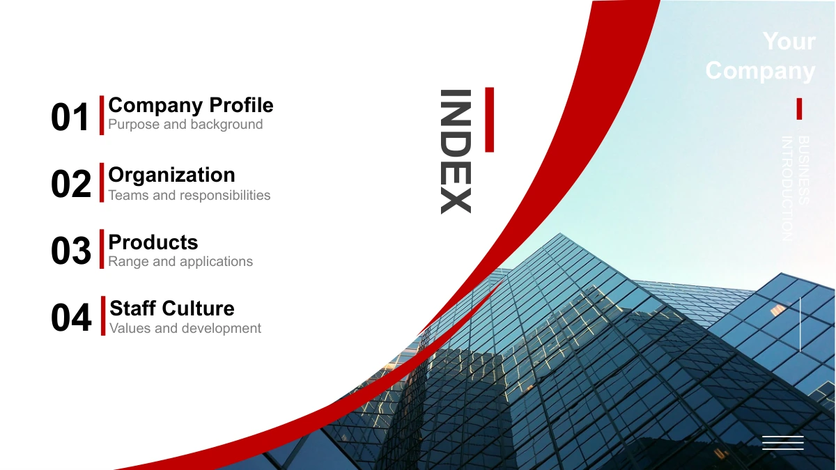 Crimson Arc Company Profile Presentation Template: Slide 2. Numbered entries introduce the company profile, organization, products and staff culture.