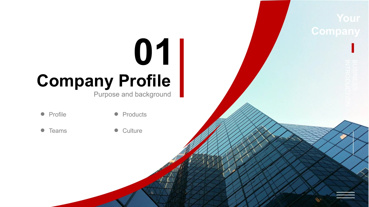 Crimson Arc Company Profile Presentation Template: Slide 3. Section 01 uses a glass-office image with the red curved divider design.