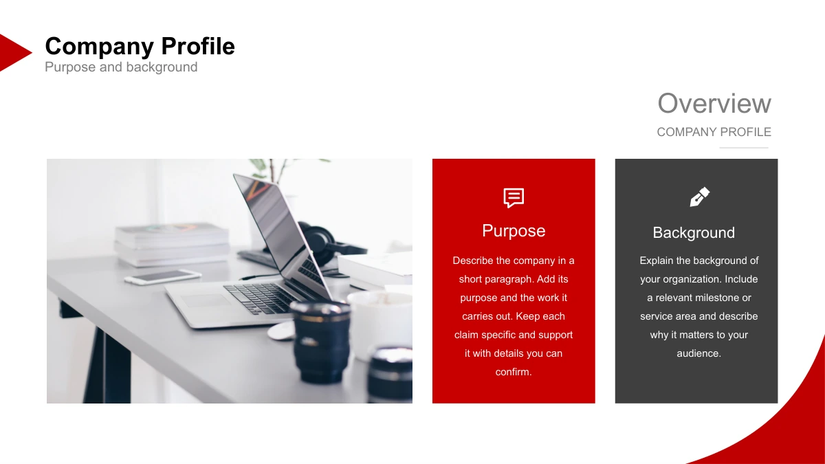 Crimson Arc Company Profile Presentation Template: Slide 4. A photo-led layout separates the purpose and background of a company.