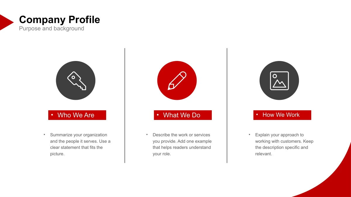 Crimson Arc Company Profile Presentation Template: Slide 5. Three circular icons and three text columns describe the company, its work and its approach.