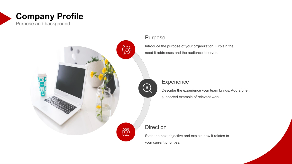 Crimson Arc Company Profile Presentation Template: Slide 7. Three grouped explanations introduce purpose, experience and future direction.