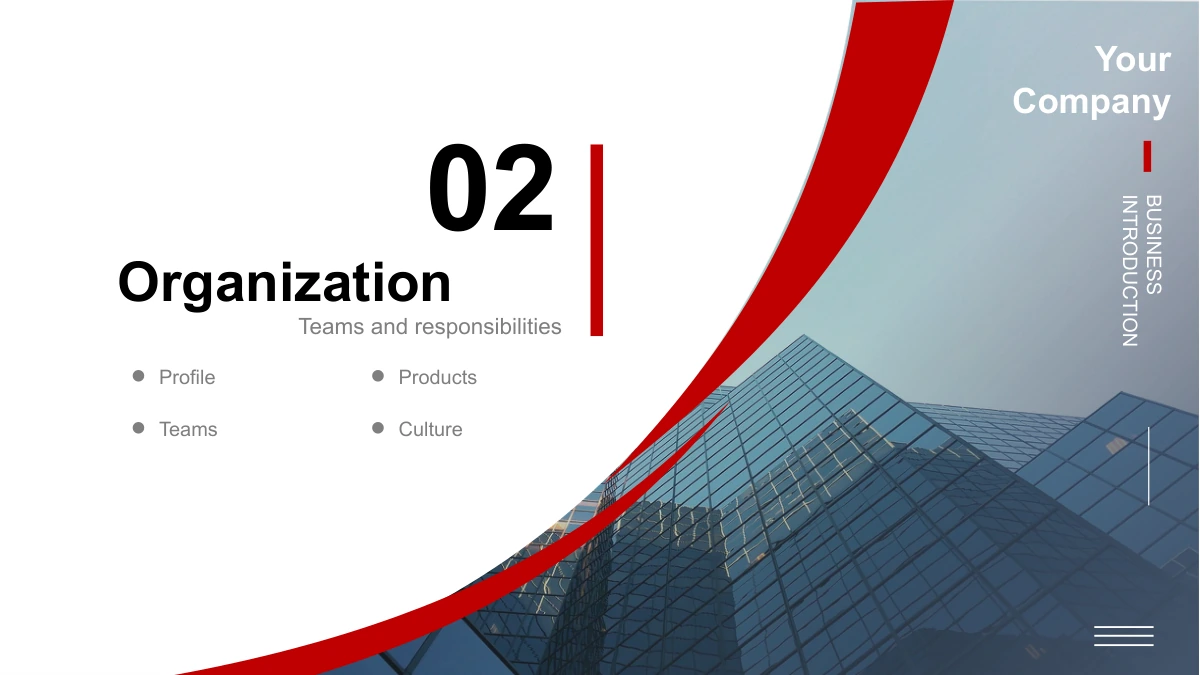 Crimson Arc Company Profile Presentation Template: Slide 8. Section 02 introduces teams and responsibilities in the red curved design.