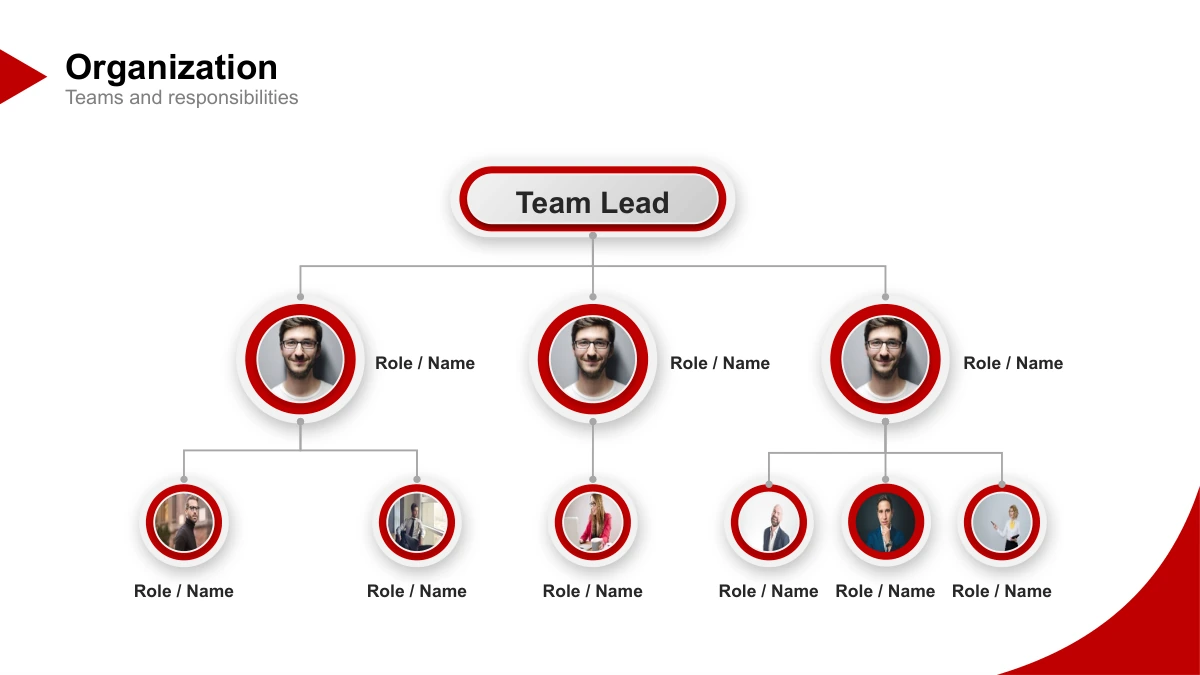 Crimson Arc Company Profile Presentation Template: Slide 9. Sample portrait frames and role labels form a native organization diagram.