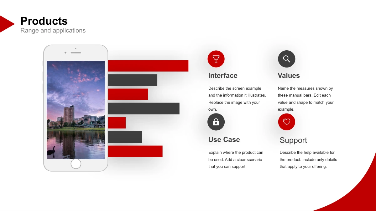 Crimson Arc Company Profile Presentation Template: Slide 15. A phone mockup, manual bars and four notes illustrate a product explanation.