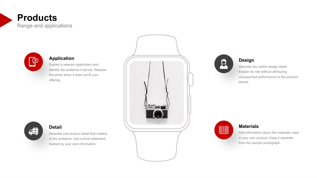 Crimson Arc Company Profile Presentation Template: Slide 16. A camera photograph sits inside a static watch-shaped frame beside four descriptions of design and use.