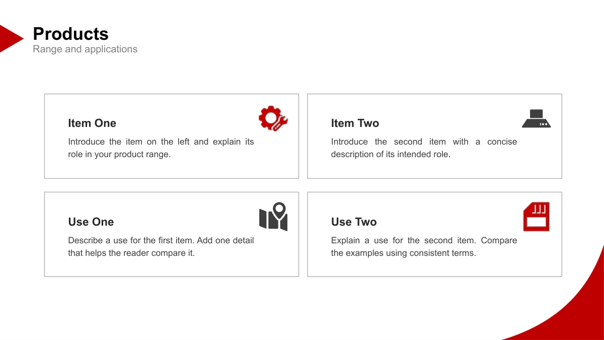 Crimson Arc Company Profile Presentation Template: Slide 17. Four outlined cards with icons describe two product examples and their uses, with no photographs.