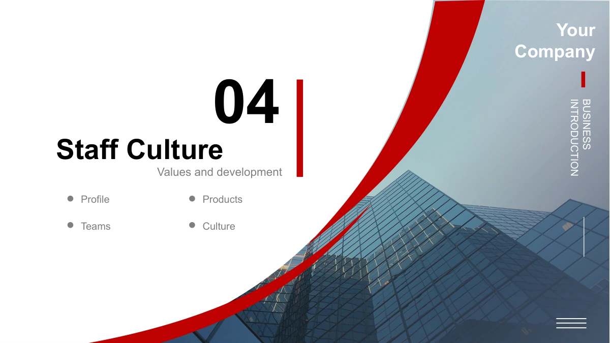 Crimson Arc Company Profile Presentation Template: Slide 19. Section 04 introduces values and staff development with the red curved design.