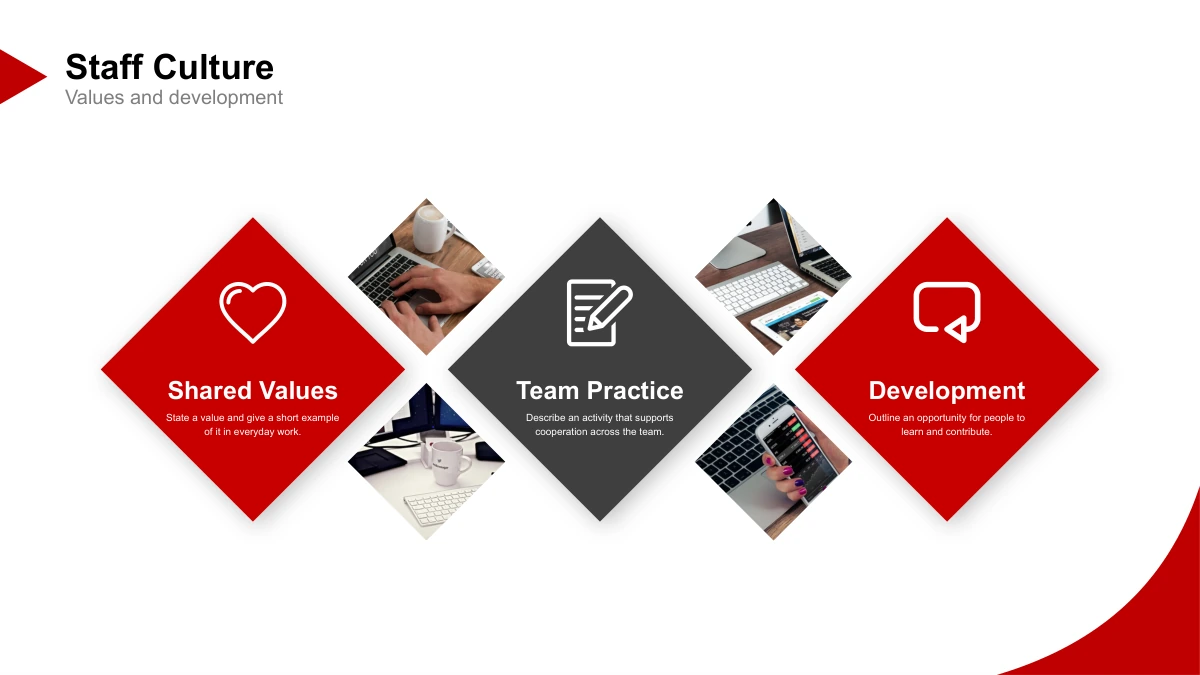 Crimson Arc Company Profile Presentation Template: Slide 22. Small diamond-shaped photographs accompany three descriptions of team culture.