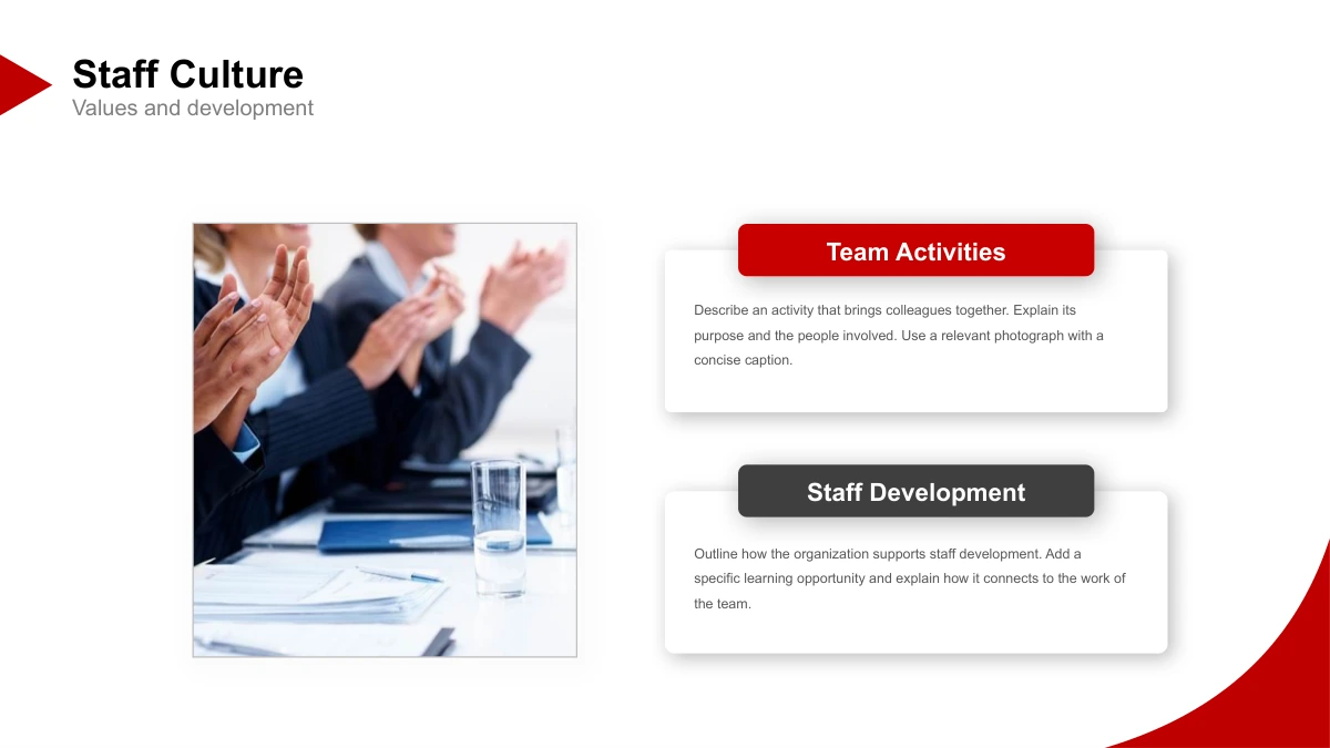 Crimson Arc Company Profile Presentation Template: Slide 23. An applause photograph accompanies two stacked text areas.