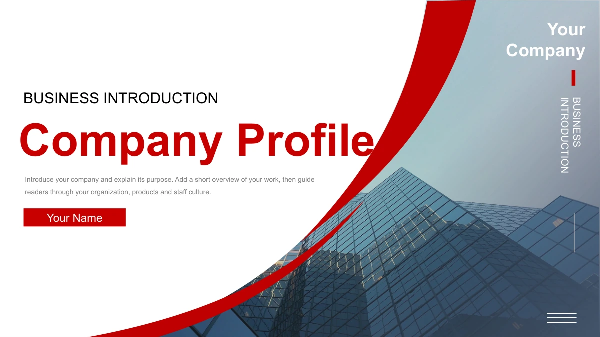 Crimson Arc Company Profile Presentation Template: Slide 25. The closing page repeats the company cover with red curves and glass-office photography.