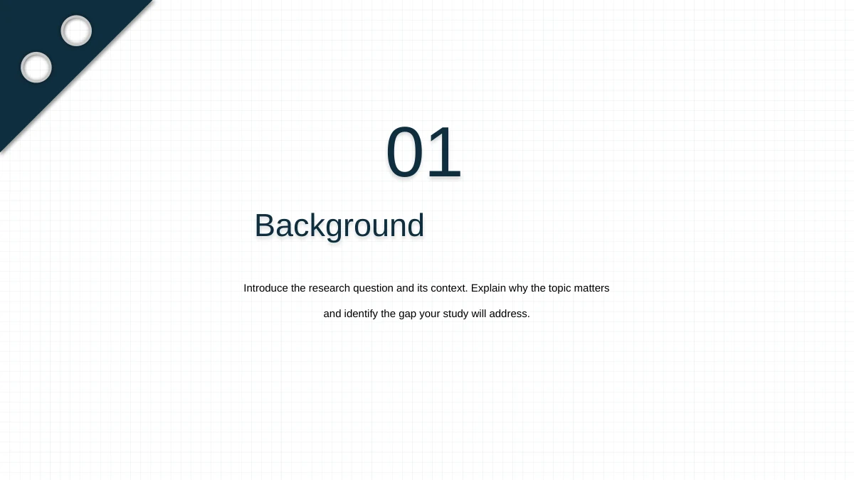 Slide 3: A large 01 introduces Background above a short research prompt, with the folded notebook corner and pale grid continuing behind the text.