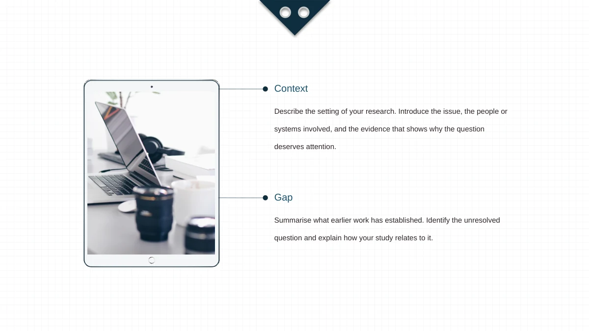 Slide 4: A tablet-shaped frame holds the laptop desk photograph, while two thin connectors lead to Context and Gap notes on the right.
