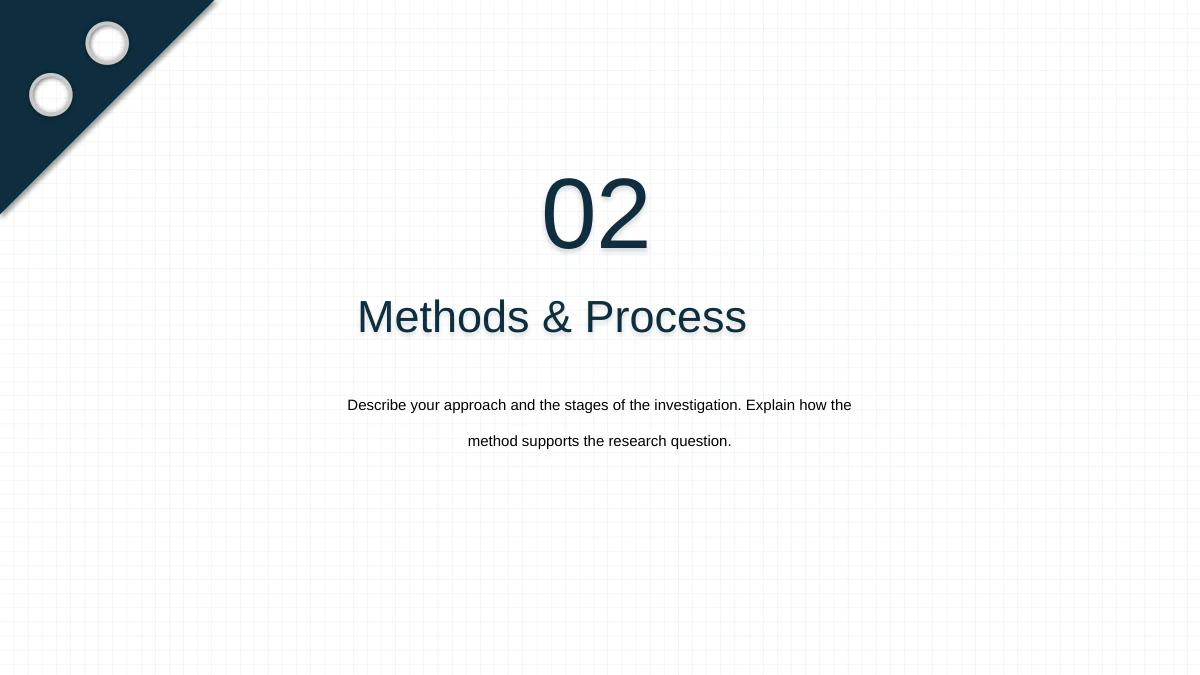 Slide 6: A large 02 and Methods & Process heading introduce the approach and research stages on the notebook grid.