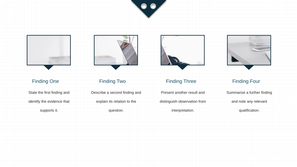 Slide 10: Four framed crops from the same desk photograph sit above Finding One to Finding Four, with short editable explanations beneath.