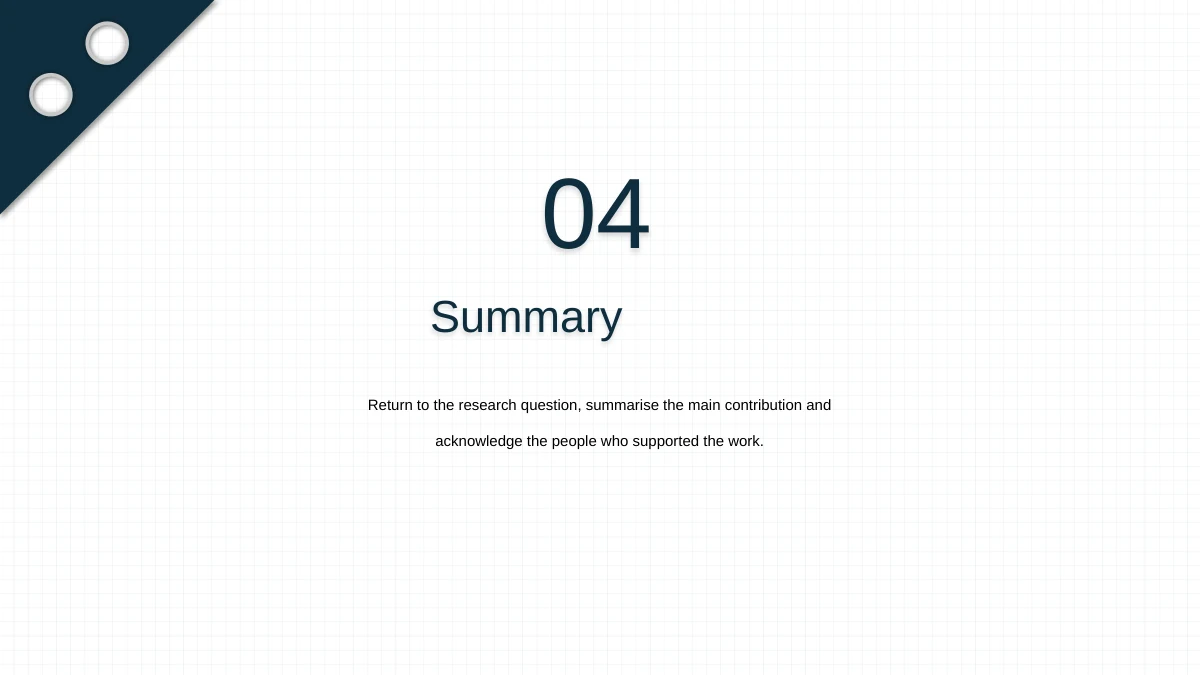 Slide 12: A large 04 and Summary heading return to the research question, main contribution and acknowledgements against the pale paper grid.