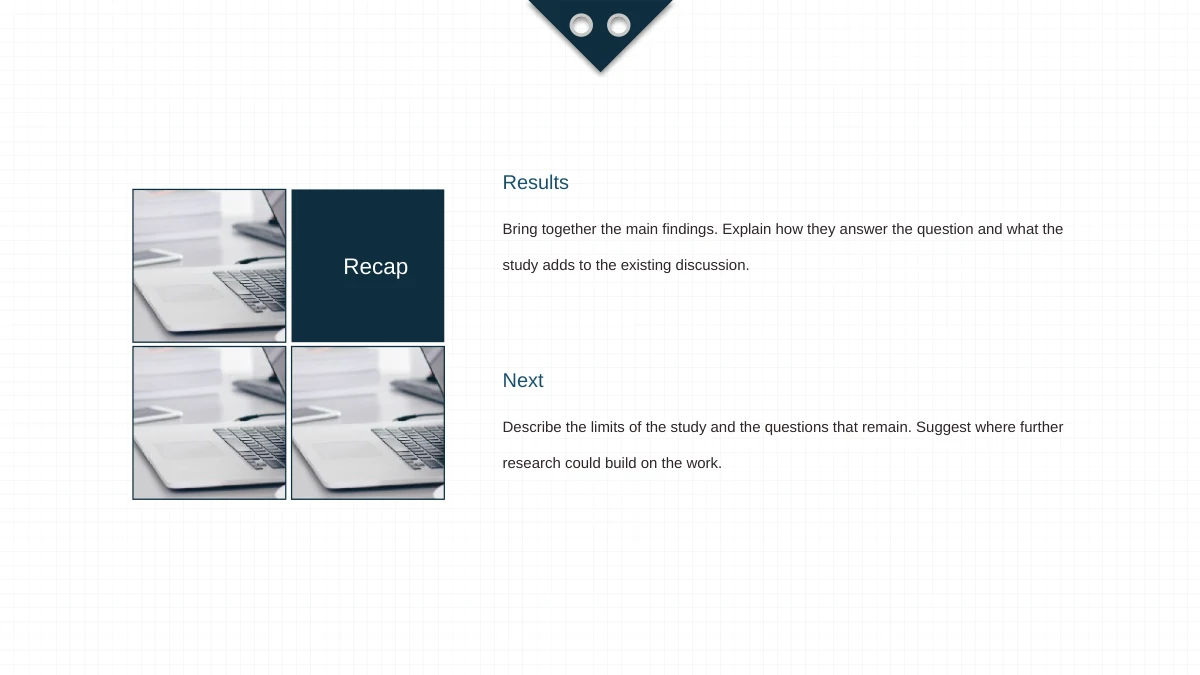 Slide 13: Three desk-photo crops and a dark teal Recap tile form a square grid beside Results and Next notes.