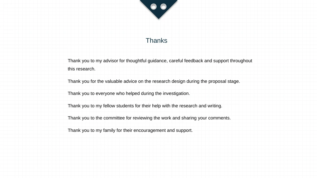 Slide 14: A Thanks heading introduces six editable paragraphs thanking the advisor, research helpers, fellow students, committee and family.