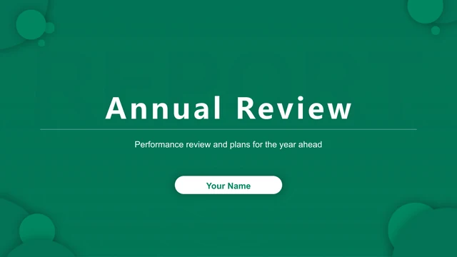 Emerald Circle Annual Review Presentation Template: White report title on an emerald green cover with circular corners and an editable name field.
