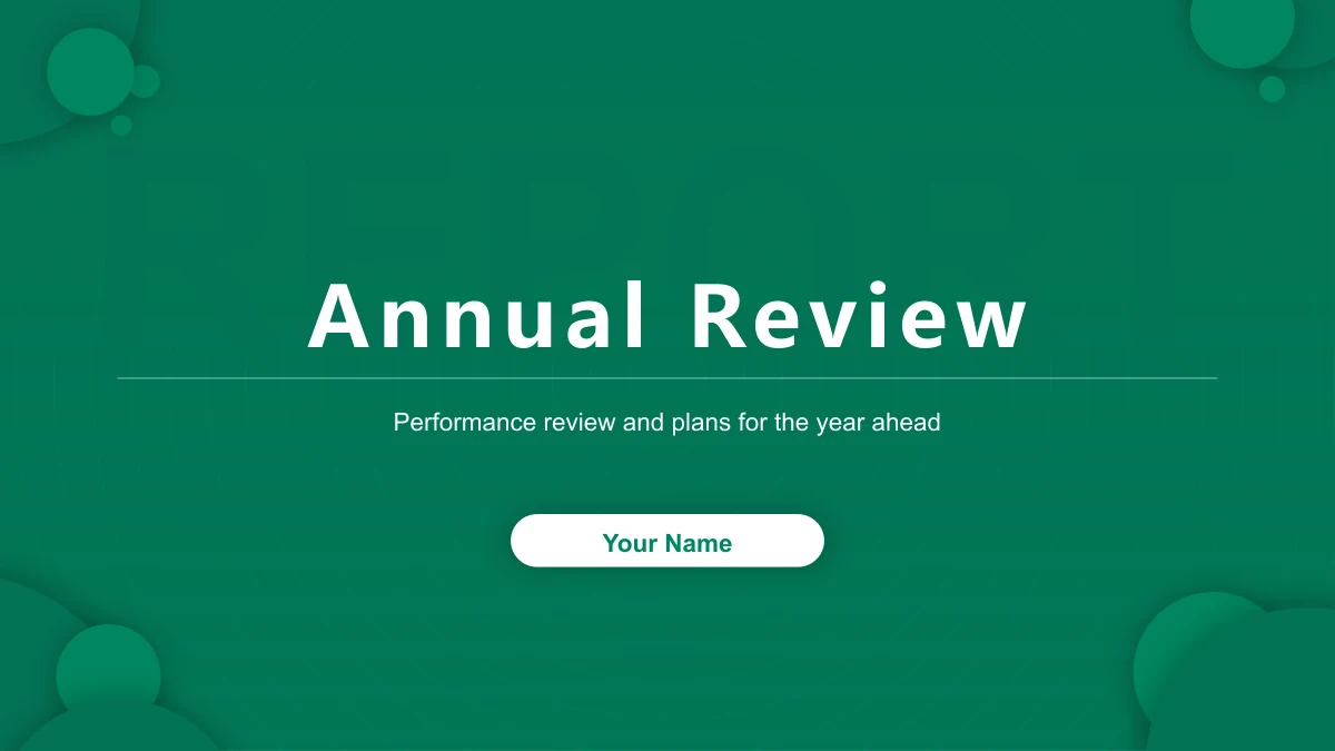 Emerald Circle Annual Review Presentation Template: Emerald green corners surround a white annual-review title and a neutral name field.