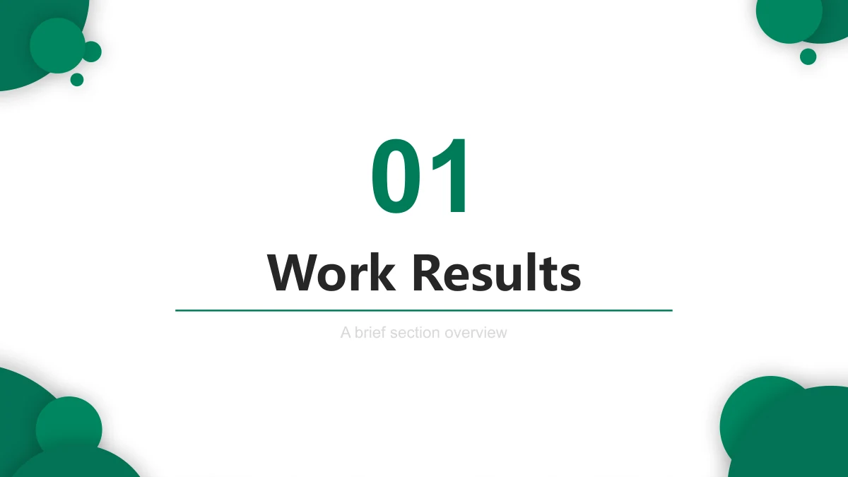 Emerald Circle Annual Review Presentation Template: The first numbered divider places Work Results between green corner circles.