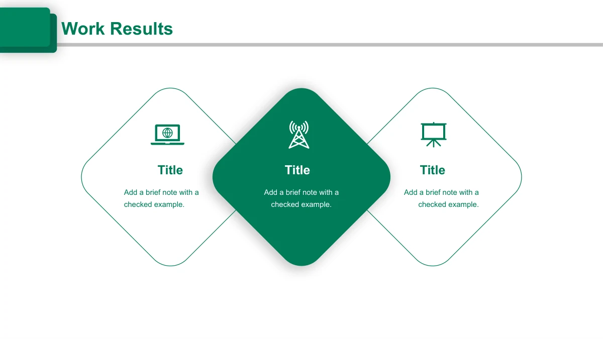 Emerald Circle Annual Review Presentation Template: Three rounded diamond panels carry technology icons and short text prompts.