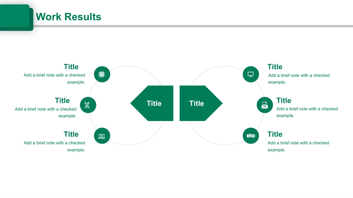 Emerald Circle Annual Review Presentation Template: Two inward-facing green shapes connect two arcs with six icon notes around them.