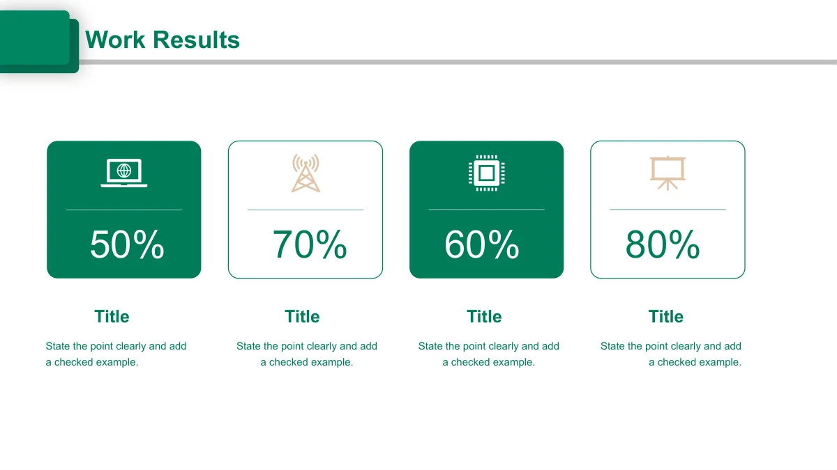 Emerald Circle Annual Review Presentation Template: Four technology cards display the sample numbers 50%, 70%, 60% and 80%.