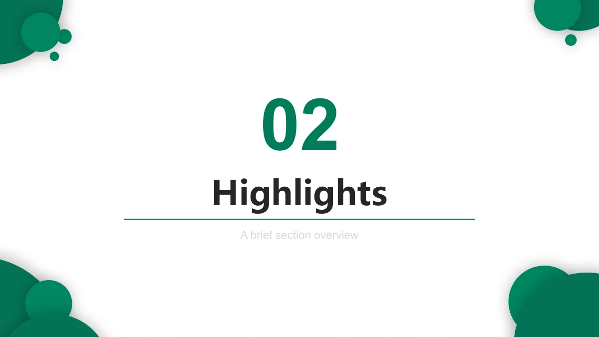 Emerald Circle Annual Review Presentation Template: Section 02 introduces Highlights on a white slide framed by green circles.