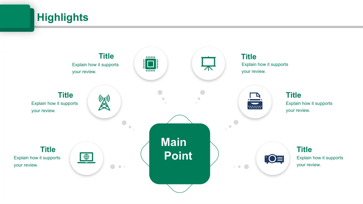 Emerald Circle Annual Review Presentation Template: A central green note panel sits among six circular technology icons and short captions.