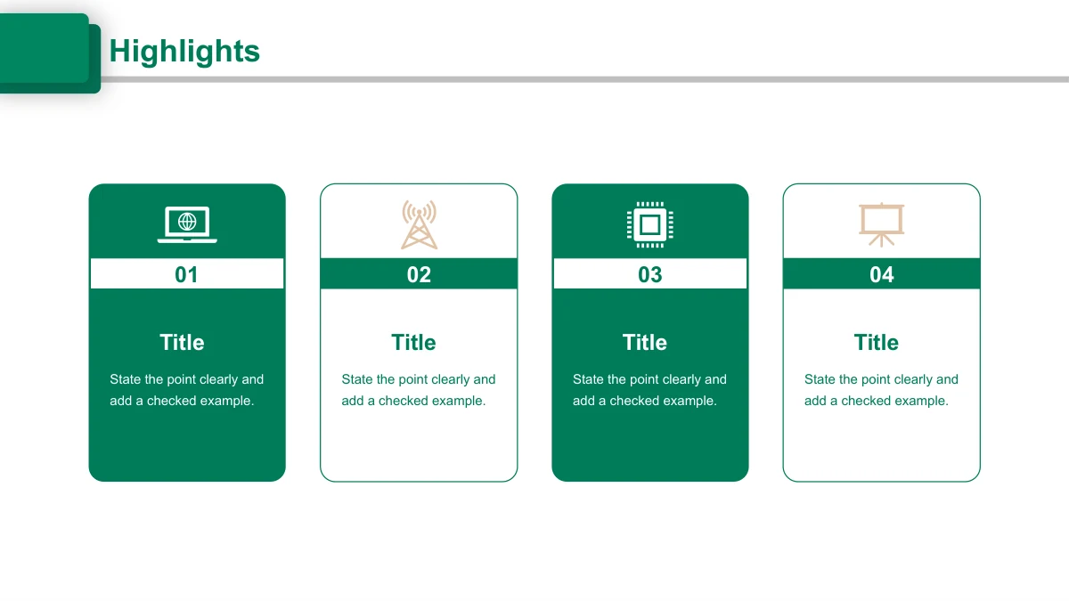 Emerald Circle Annual Review Presentation Template: Four upright cards pair technology icons with numbers 01 to 04 and editable notes.