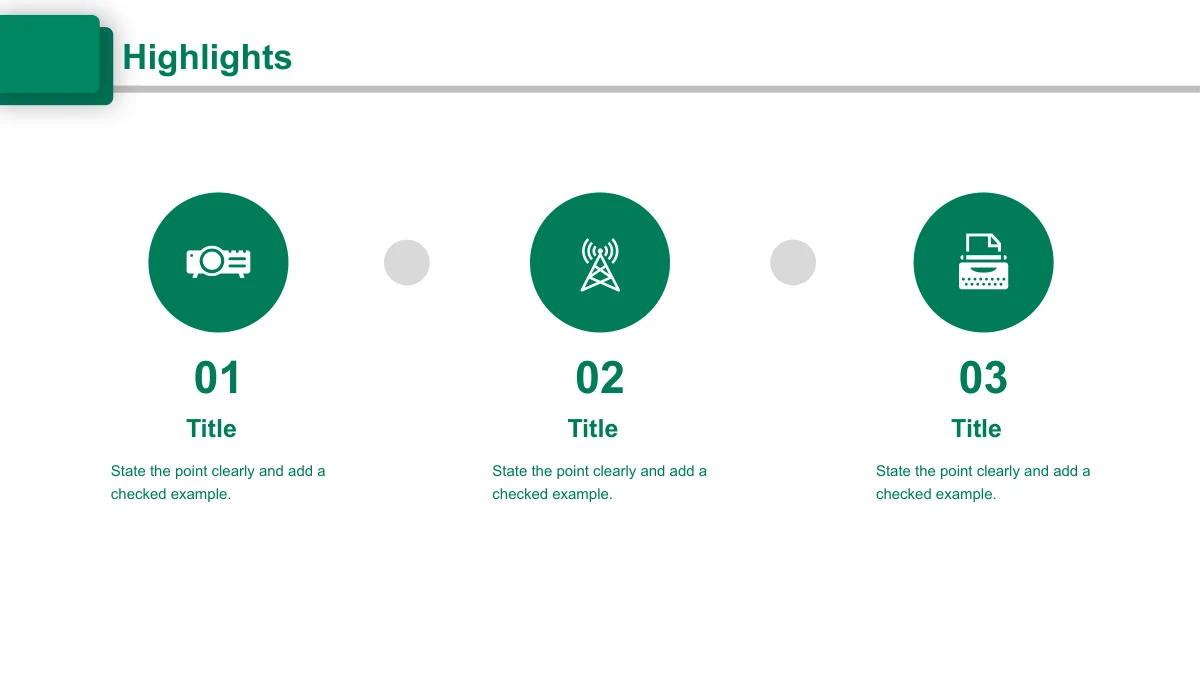 Emerald Circle Annual Review Presentation Template: Three green icon circles sit above the numbers 01 to 03 and text prompts.