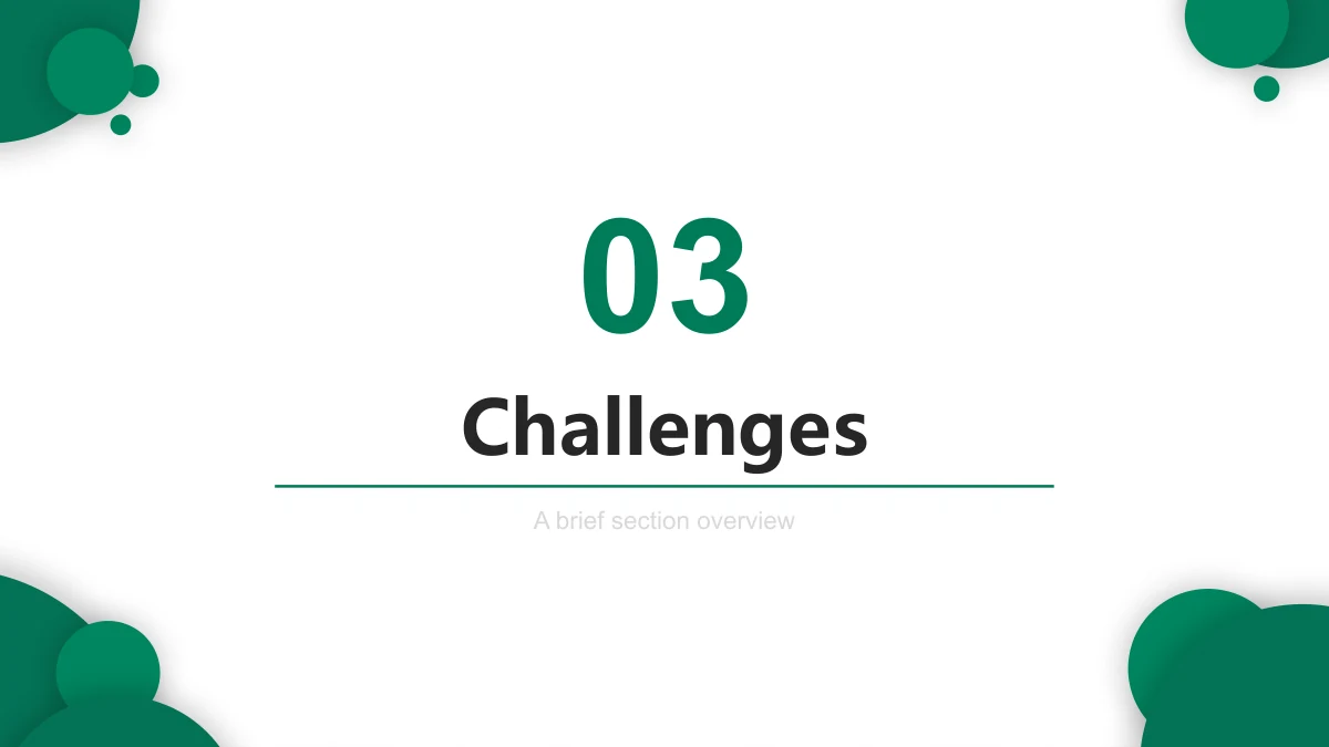 Emerald Circle Annual Review Presentation Template: The third numbered divider shows Challenges within the green corner-circle design.