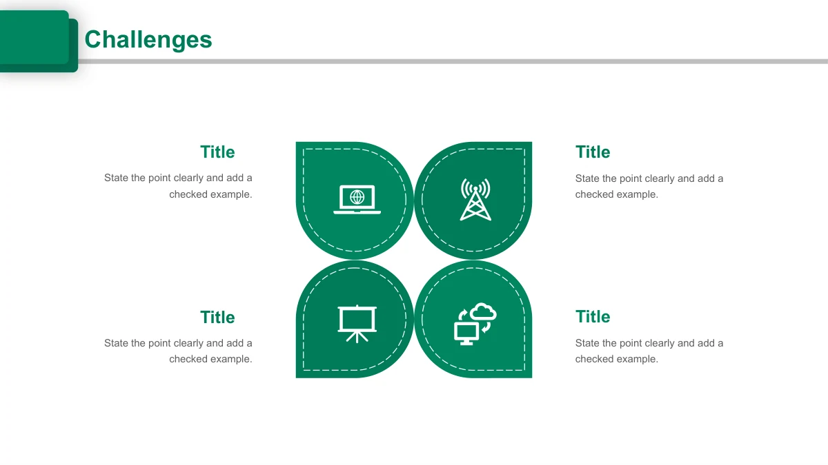 Emerald Circle Annual Review Presentation Template: Four green curved panels form a square around technology icons, with notes on both sides.