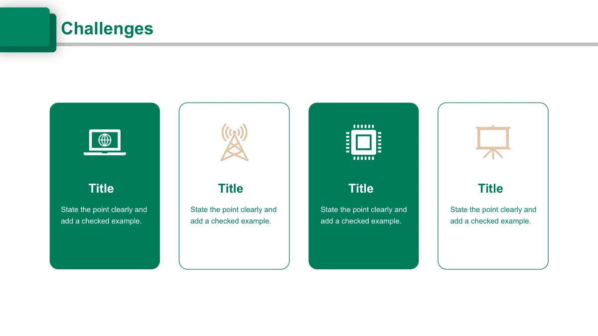 Emerald Circle Annual Review Presentation Template: Four upright green and white cards combine technology icons with editable titles and notes.