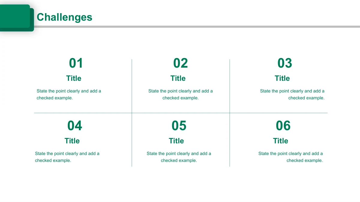 Emerald Circle Annual Review Presentation Template: A two-row grid presents six numbered notes from 01 to 06, separated by thin lines.