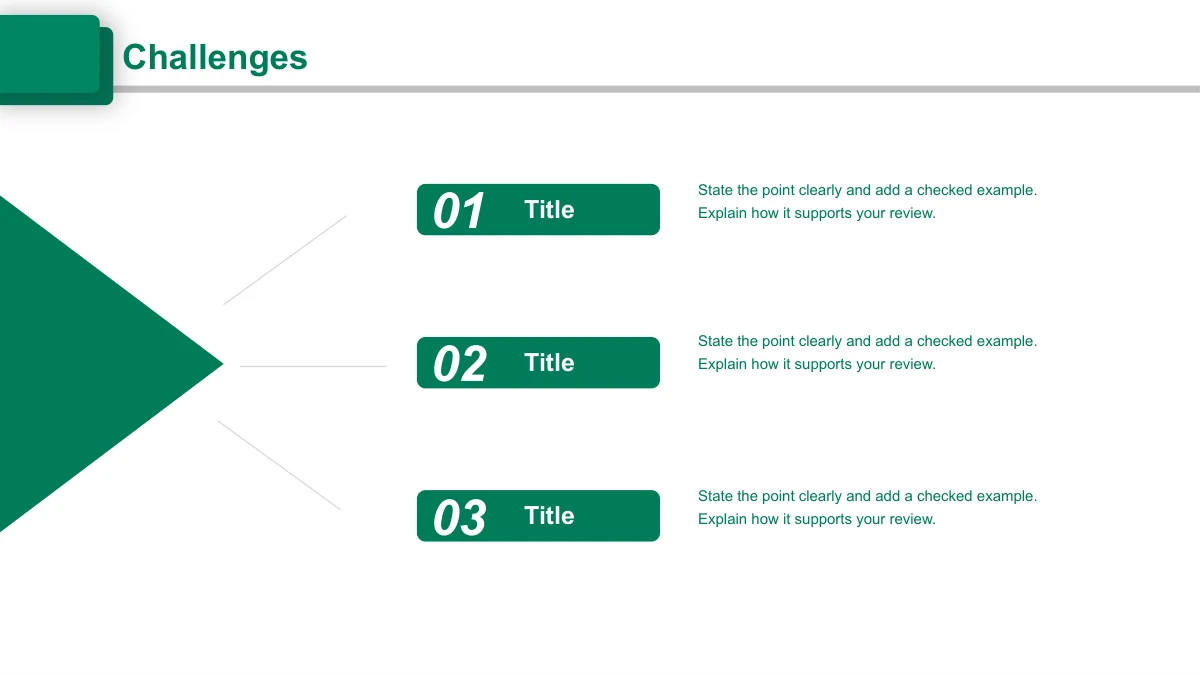 Emerald Circle Annual Review Presentation Template: A large green chevron points towards three numbered labels and matching note paragraphs.