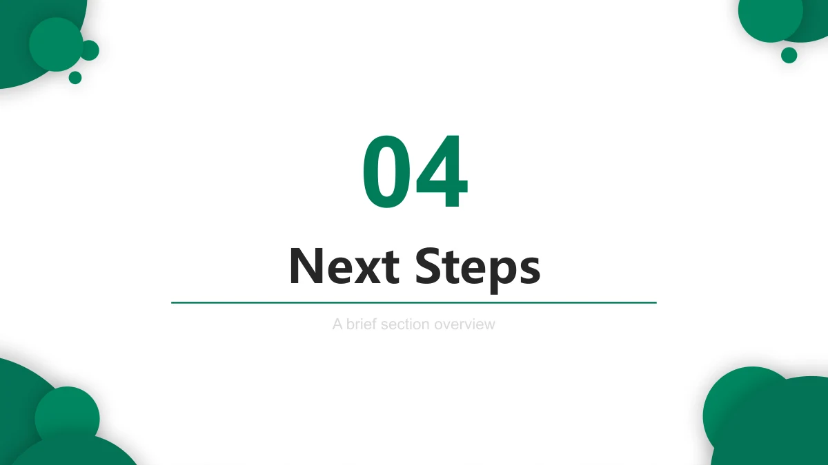 Emerald Circle Annual Review Presentation Template: Section 04 displays Next Steps with green corner circles and a fine divider line.
