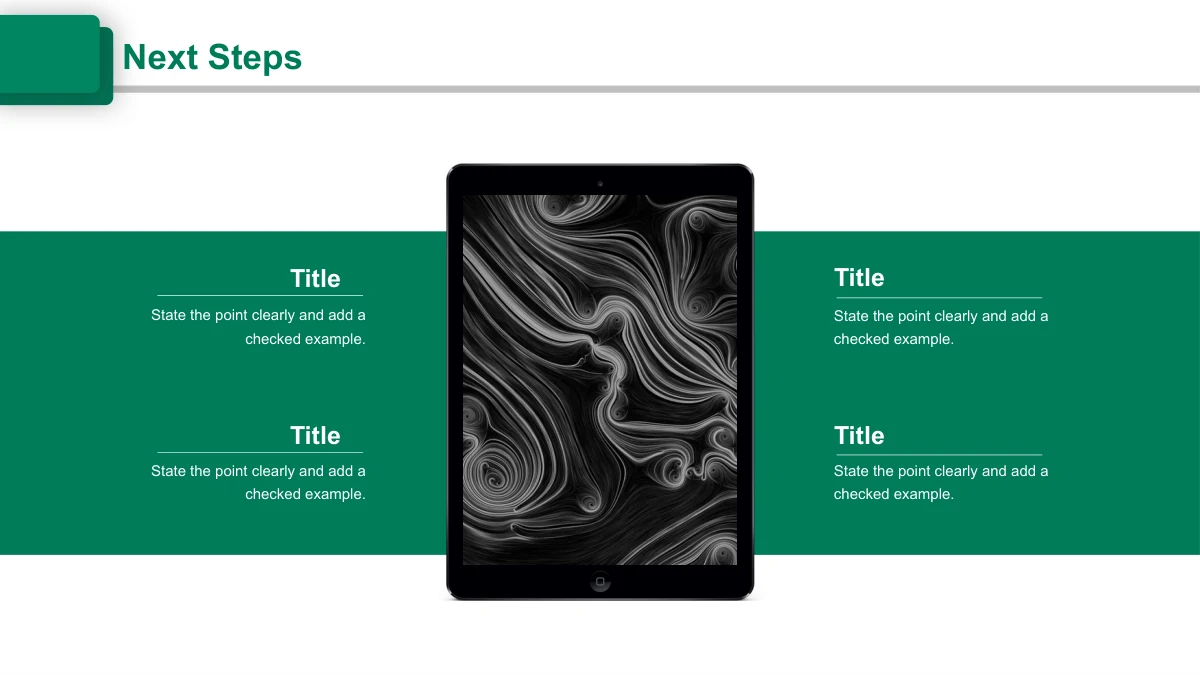 Emerald Circle Annual Review Presentation Template: A tablet image with a grayscale flowing texture sits across a green band and four notes.