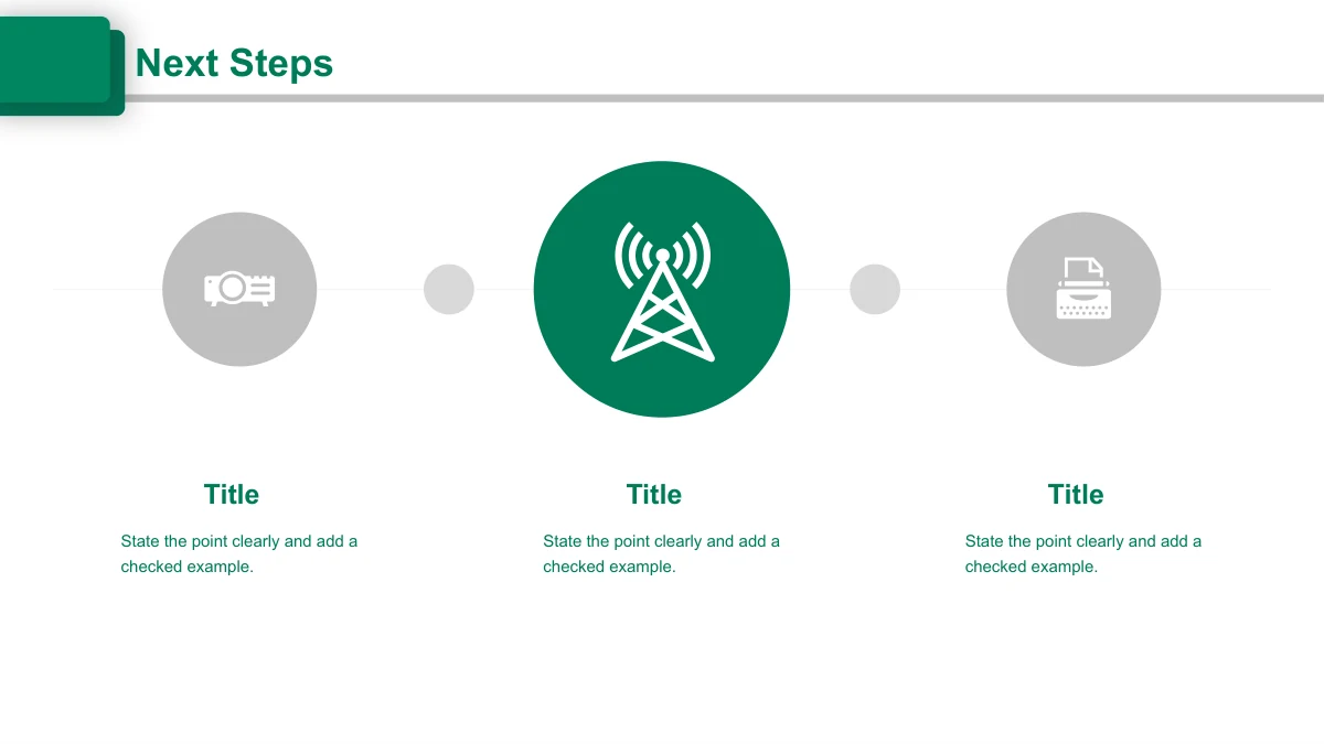 Emerald Circle Annual Review Presentation Template: Three circular icon panels highlight a signal tower between a projector and a typewriter.