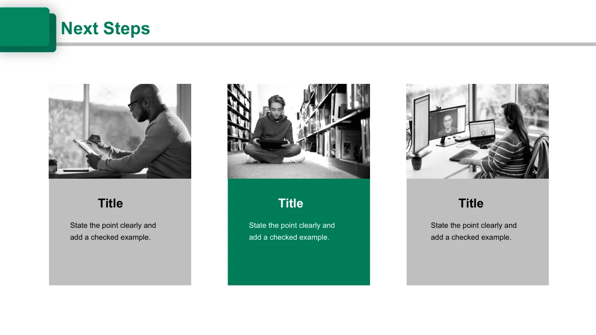 Emerald Circle Annual Review Presentation Template: Three monochrome photos show a person working with a tablet, a reader and a video-call workspace.