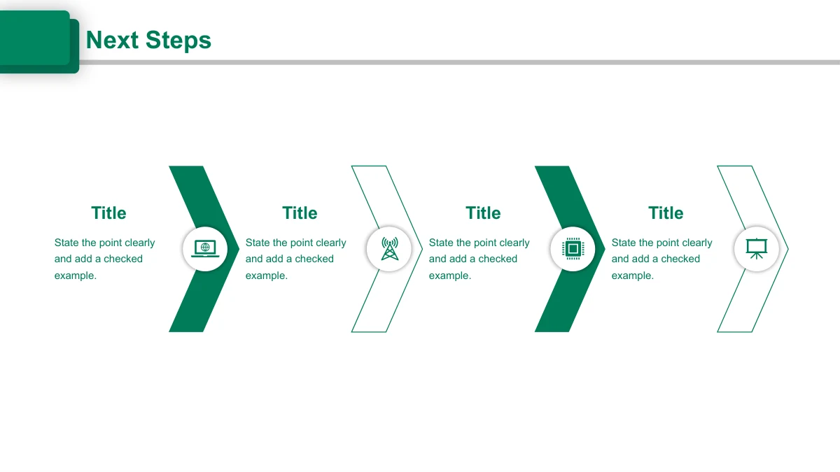 Emerald Circle Annual Review Presentation Template: Four alternating green and outlined chevrons combine circular technology icons with brief notes.
