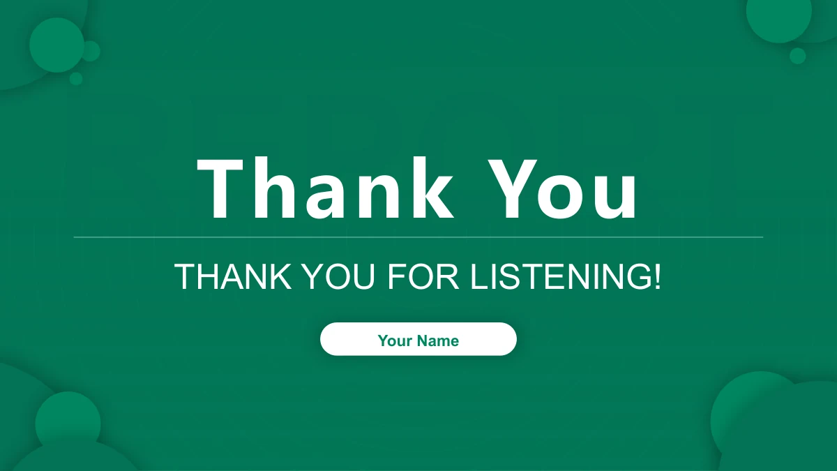 Emerald Circle Annual Review Presentation Template: A white Thank You title appears on emerald green, with corner circles and a neutral name field.