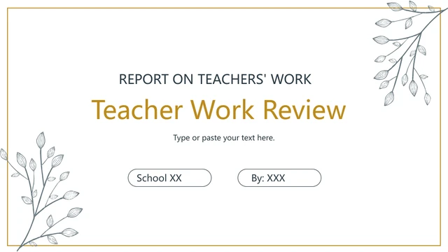 Gold Leaf Teacher Review Presentation Template: A gold frame encloses the review title and school and presenter fields. Grey leaf branches cross two opposite corners.