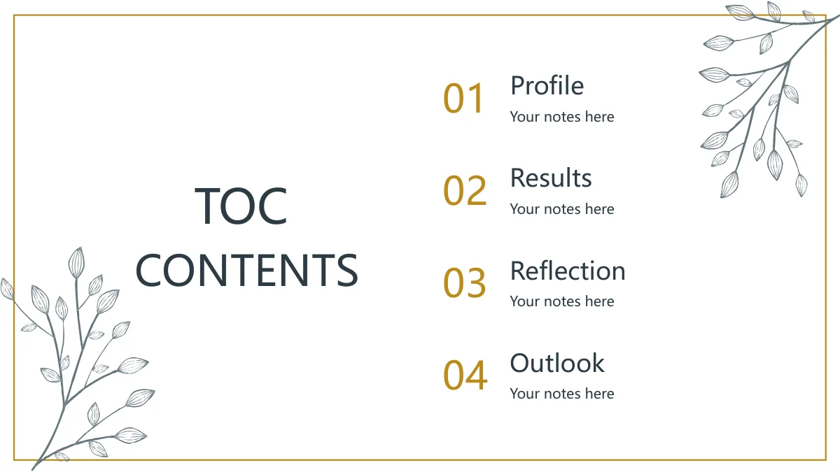 Gold Leaf Teacher Review Presentation Template, slide 2: Gold 01–04 numbers introduce four contents rows at right. A left-hand contents marker shares the framed page with grey leaves.