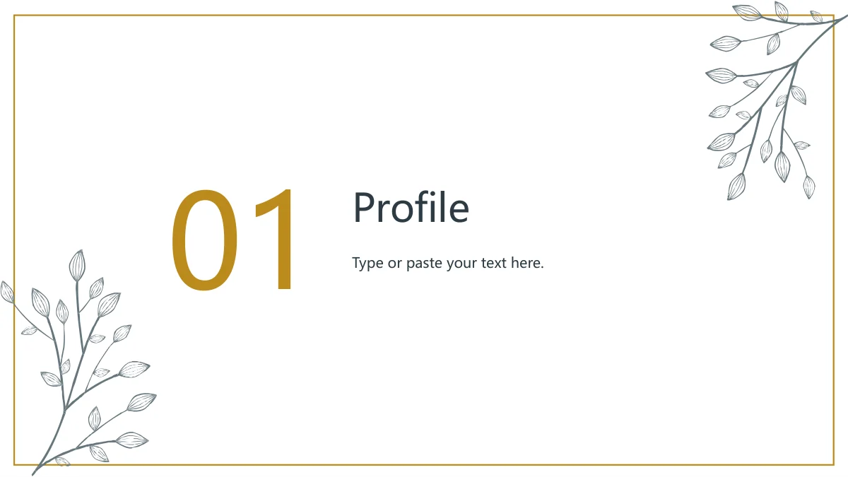 Gold Leaf Teacher Review Presentation Template, slide 3: A large gold 01 introduces Profile and a short note. Opposite leaf branches cross the fine border on white.