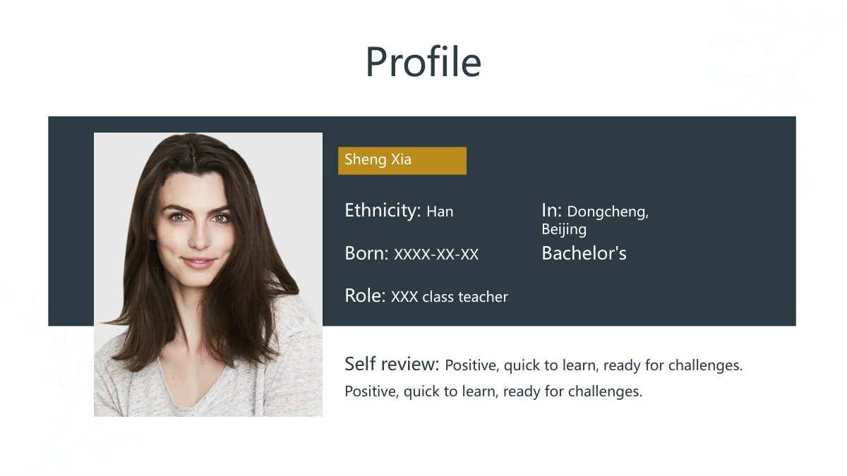 Gold Leaf Teacher Review Presentation Template, slide 4: A portrait overlaps the wide slate profile panel. A gold name label tops sample personal fields, with self-assessment underneath.