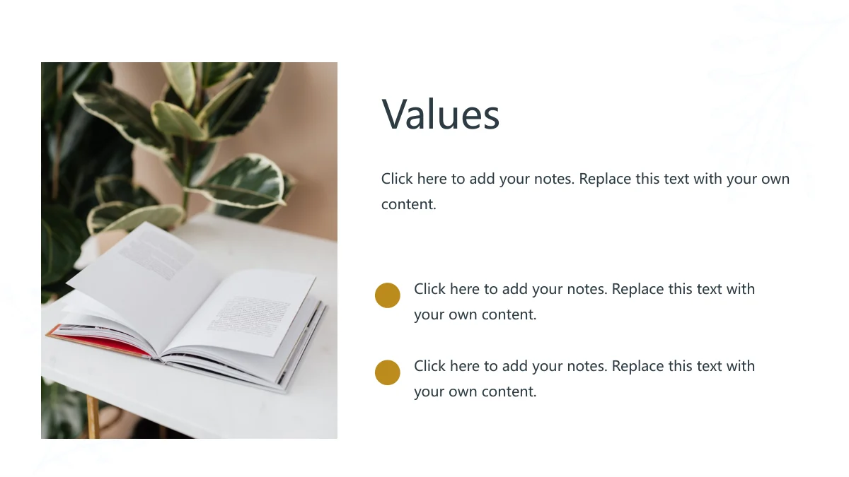 Gold Leaf Teacher Review Presentation Template, slide 7: An open-book photo fills the left column. A heading, paragraph and two gold-dot notes sit at right against faint leaves.