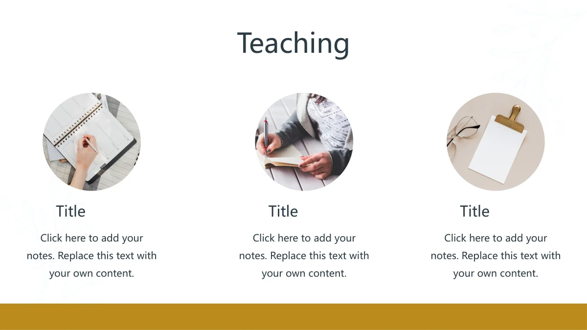 Gold Leaf Teacher Review Presentation Template, slide 8: Three circular planning, writing and clipboard photos have headings and short notes underneath. A broad gold band spans the bottom.
