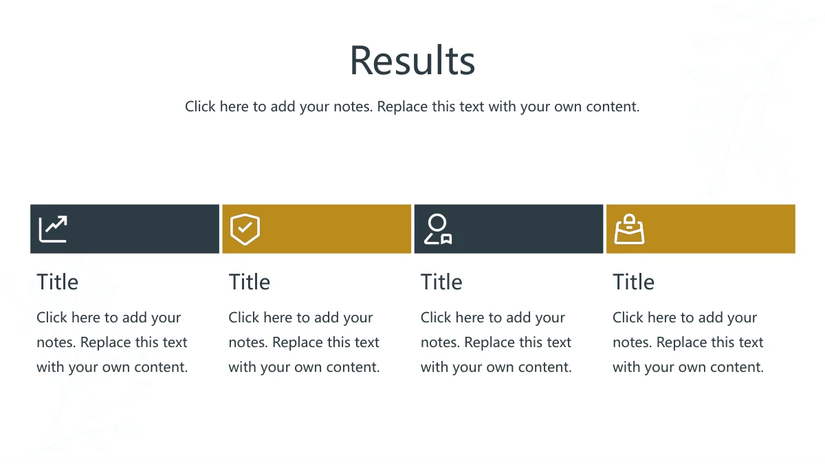Gold Leaf Teacher Review Presentation Template, slide 9: Four equal columns have white icons on alternating slate and gold header bars. Each heading sits above a compact text block.