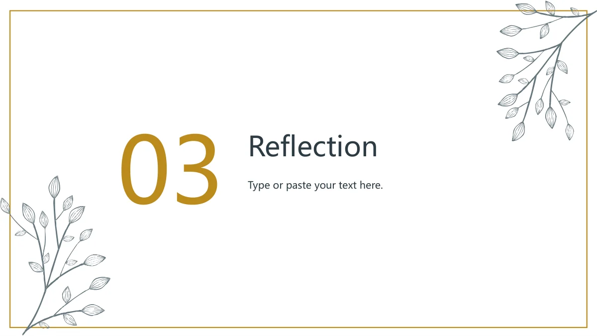 Gold Leaf Teacher Review Presentation Template, slide 10: Gold 03 marks Reflection beside a heading and note. Grey branches cross opposing corners of the gold frame.